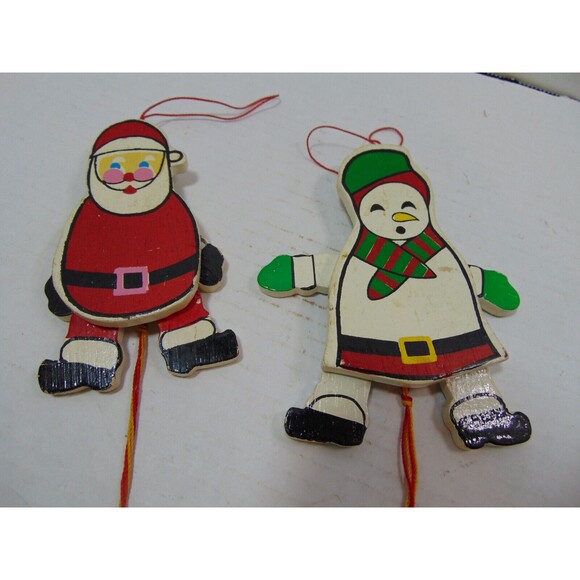 Santa and Snowman Jumping Jack Thick Wooden Pull Christmas Ornaments Vintage 80s - Picture 5 of 6